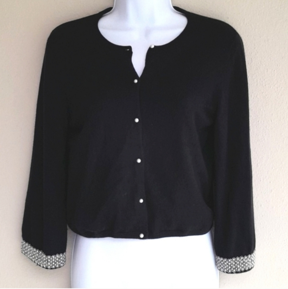 Tibi Black Crystal Beaded Silk Angora Cardigan Size Small